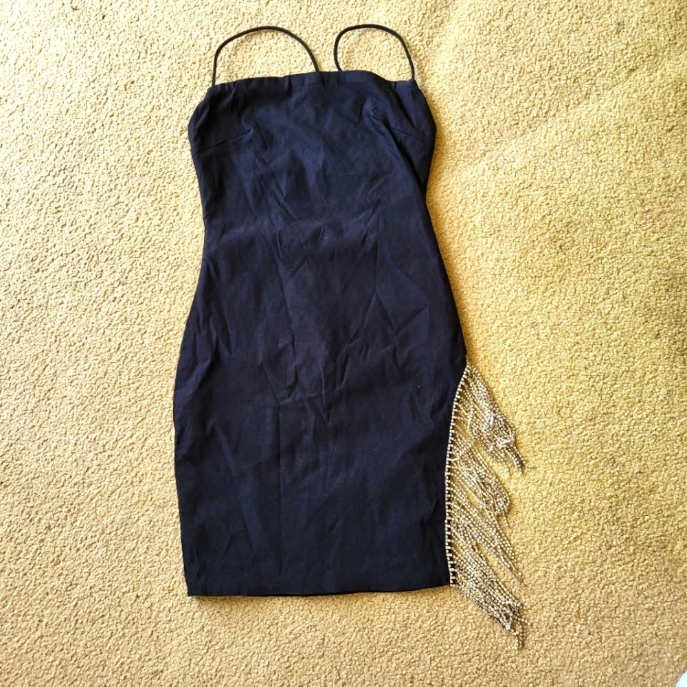 Elegant Black mini Dress with Silver spakle leg thigh Fringe - Picture 2 of 9